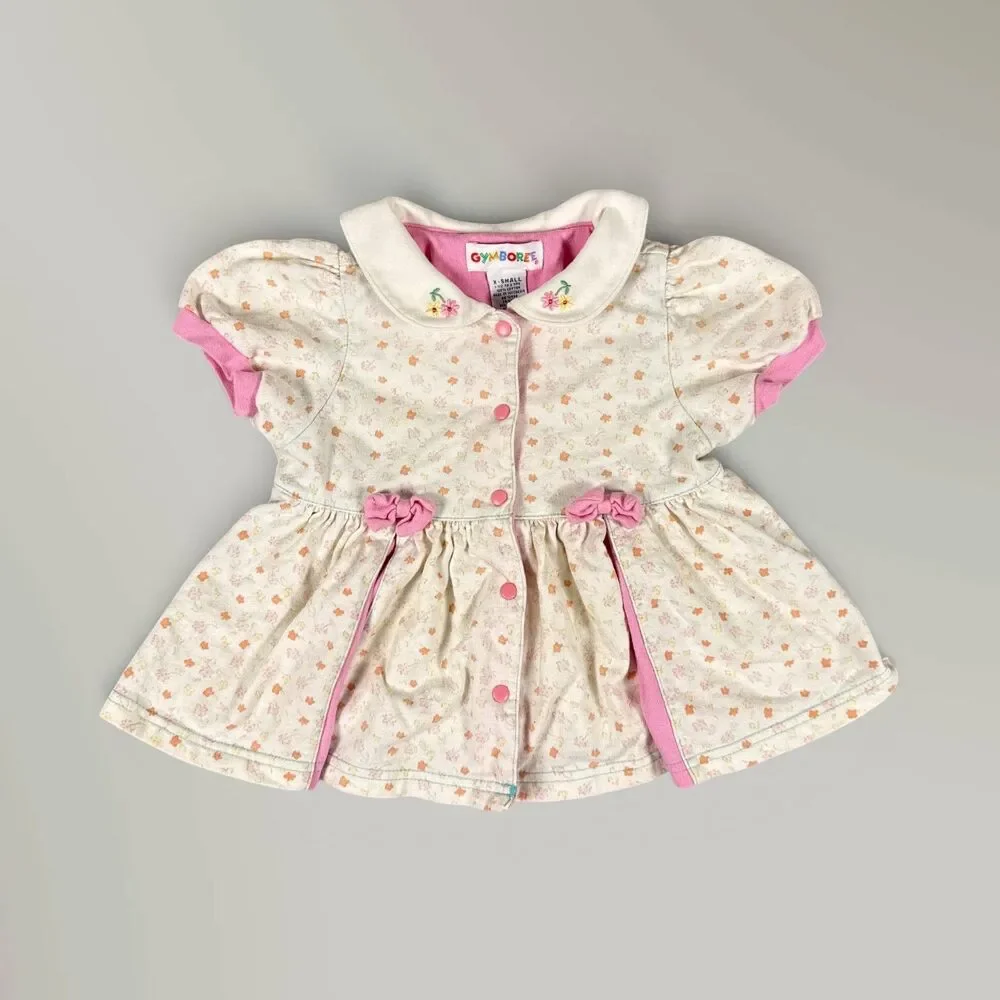 Vintage Gymboree Rainbow Tag Pleated Dress Pink White Floral Embroidered Size XS